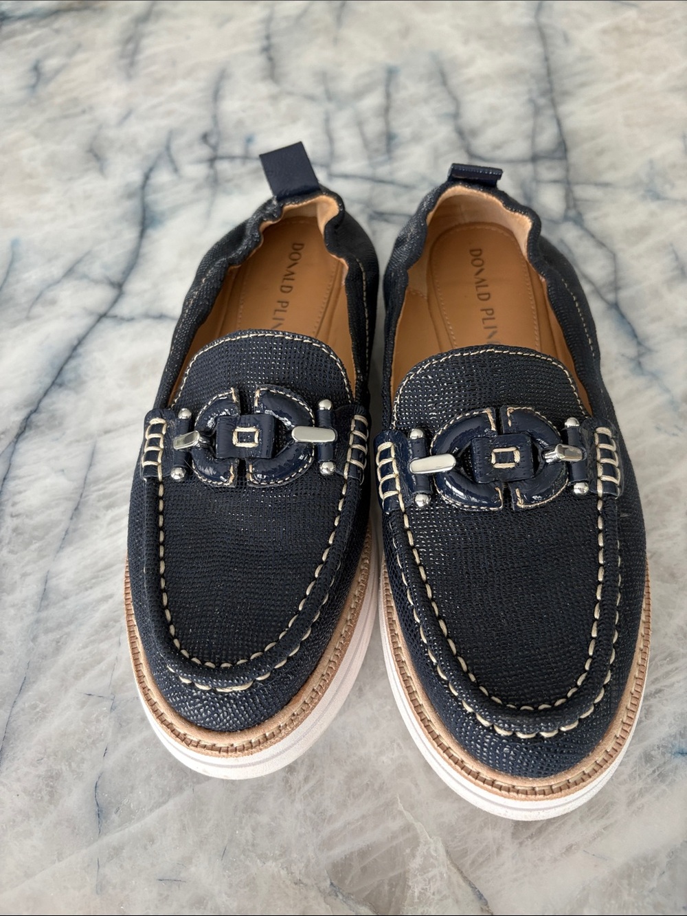 Donald J. Pliner Navy Textured Slip-On Loafers with Silver Hardware